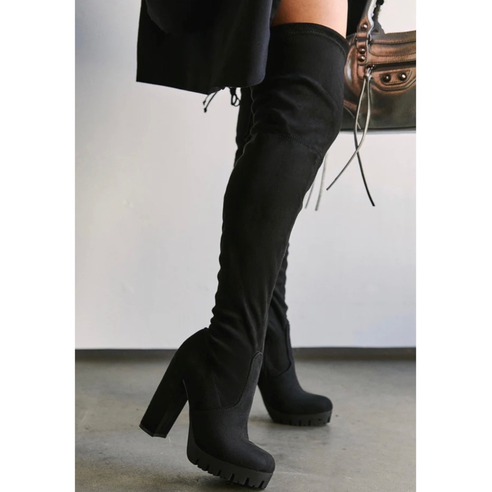 Black Top Lace Tie Thigh High Stretchy Boots - Picture 1 of 8
